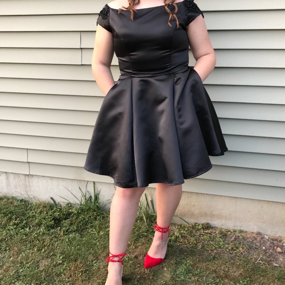 Morilee Black Off the Shoulder Homecoming dress